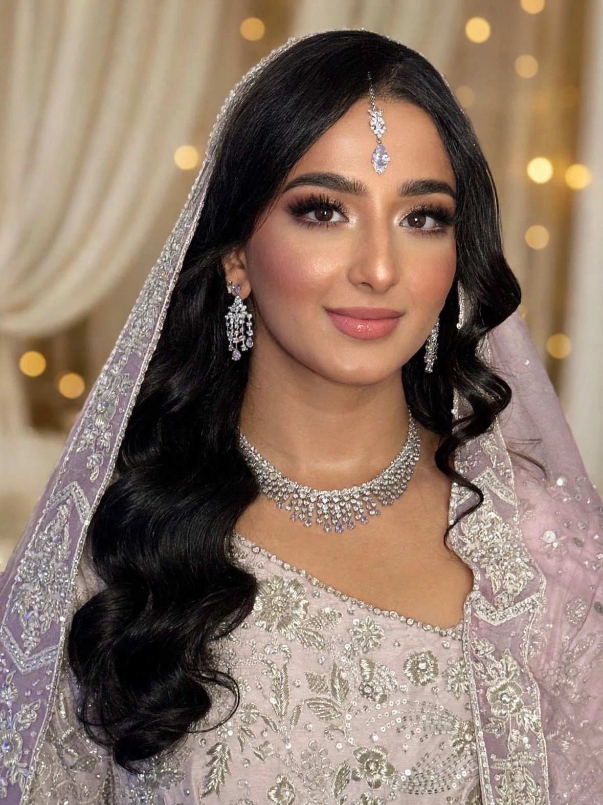 sa glam 02 - Glam By Duaa Bride in a lavender embroidered outfit with diamond jewelry and long glam waves