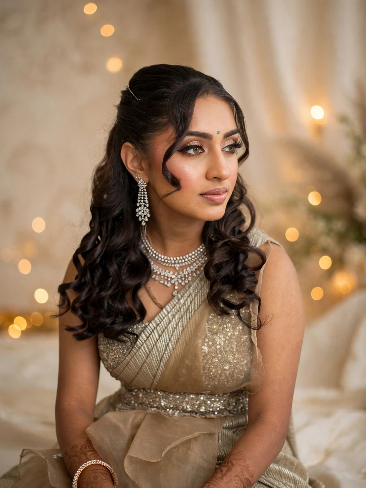 sa glam 04 - Glam By Duaa Bride in a champagne gold outfit with a layered pearl necklace, soft curls and henna