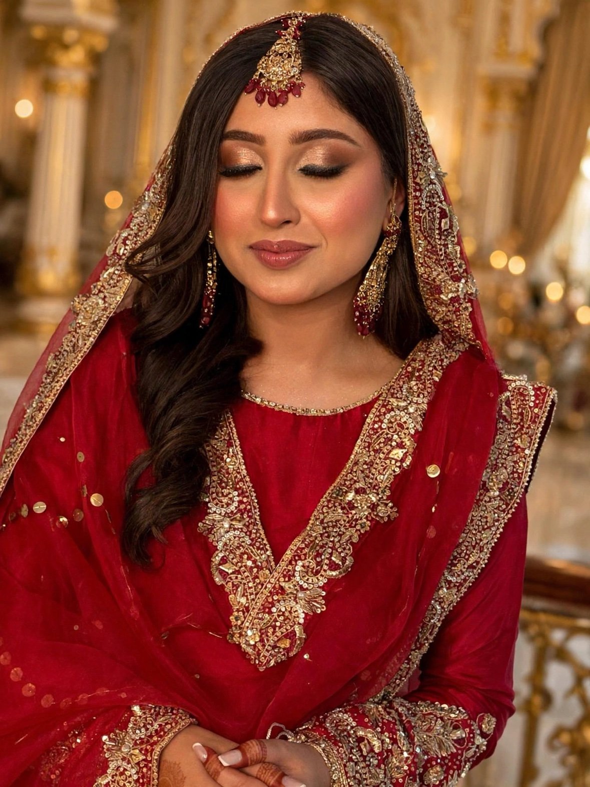 sa glam 05 - Glam By Duaa Bride in a red embroidered outfit with a gold tikka and shimmer eyeshadow, eyes closed
