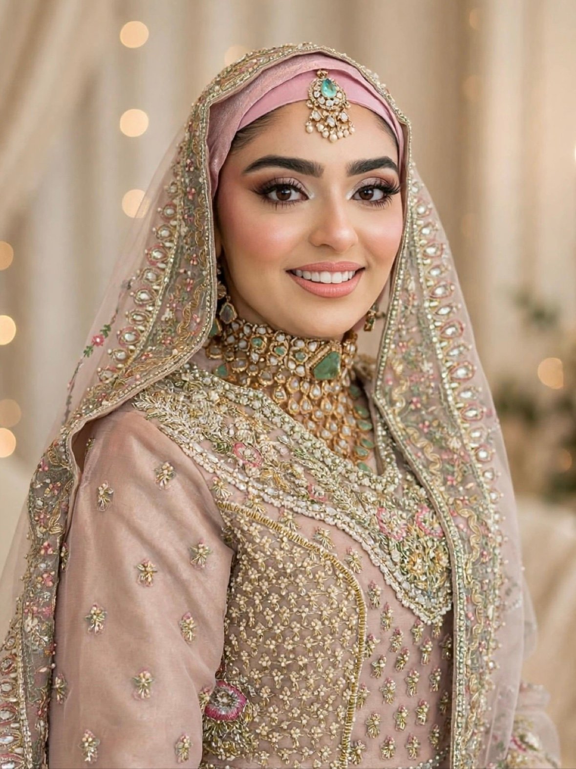 sa glam 06 - Glam By Duaa Bride in blush pink with an emerald tikka, pearl choker and an embroidered dupatta, smiling