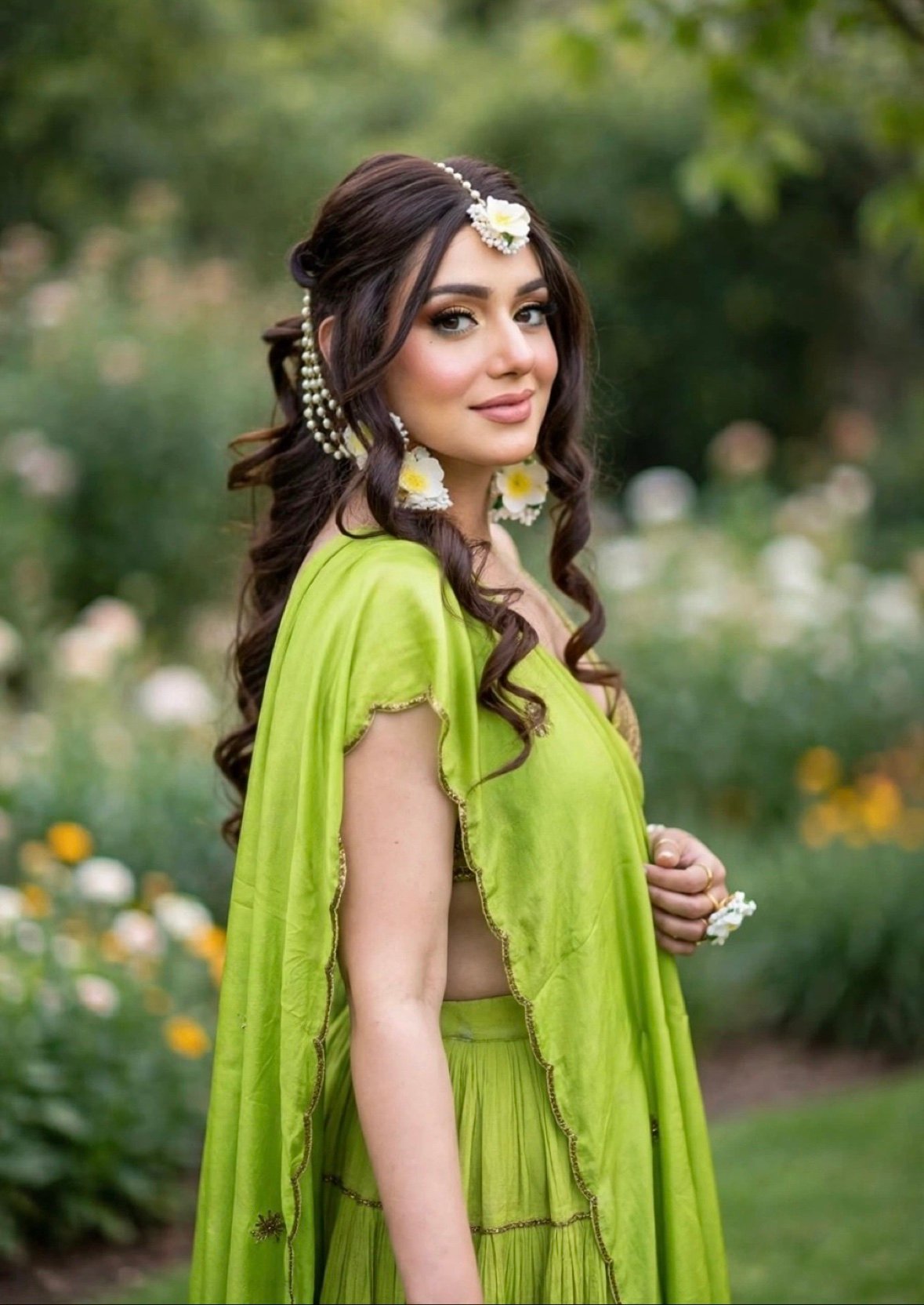 sa glam 08 - Glam By Duaa Mehndi bride in a green outfit with floral jewelry and loose curls in a garden, by Glam by Duaa