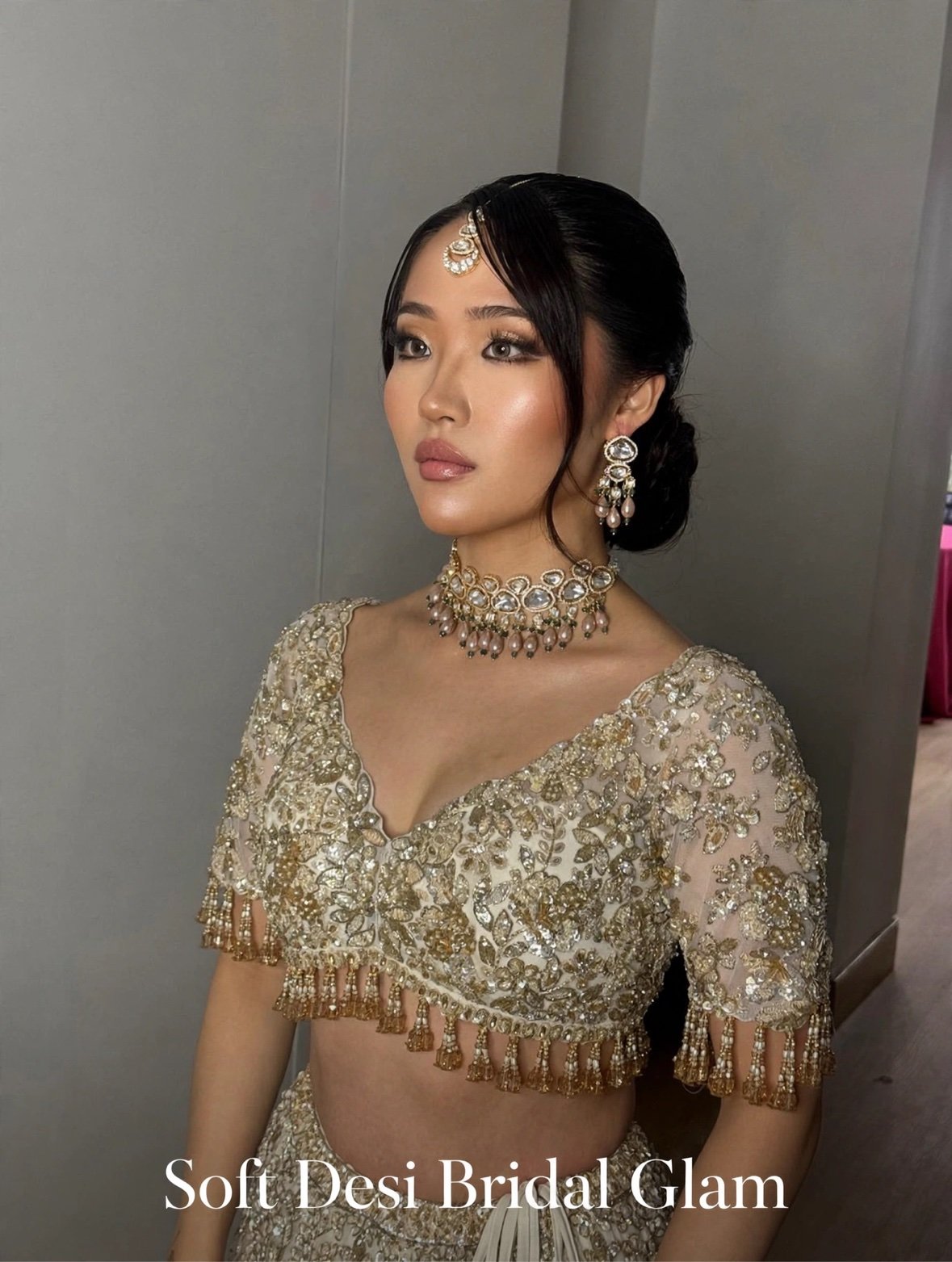 soft desi bridal glam gold lehenga glambyduaa - Glam By Duaa Soft Desi bridal glam in gold lehenga