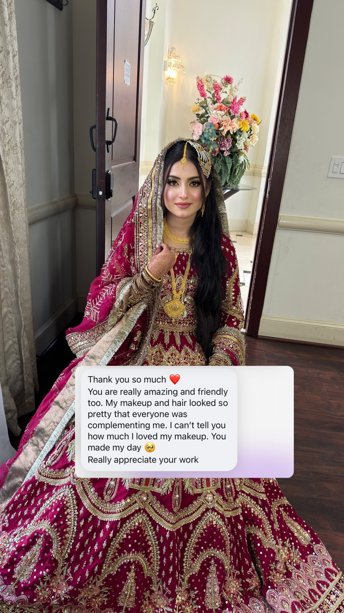 testimonial review 01 - Glam By Duaa Bridal hair and makeup reviews - bride in a red and gold lehenga sharing her thank-you note for Glam by Duaa