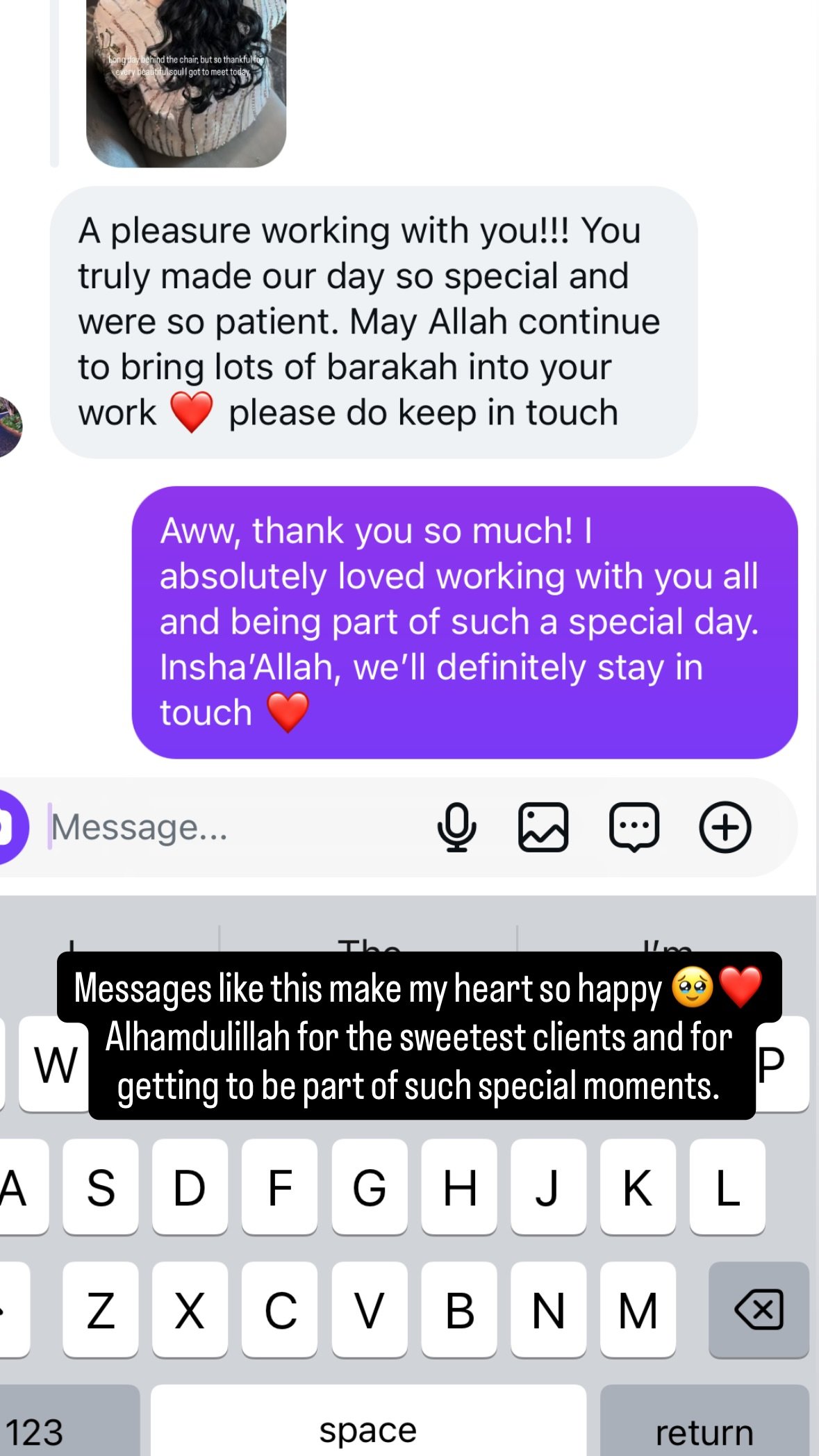 testimonial review 02 - Glam By Duaa Bridal hair and makeup reviews - client message praising Duaa for making her day special