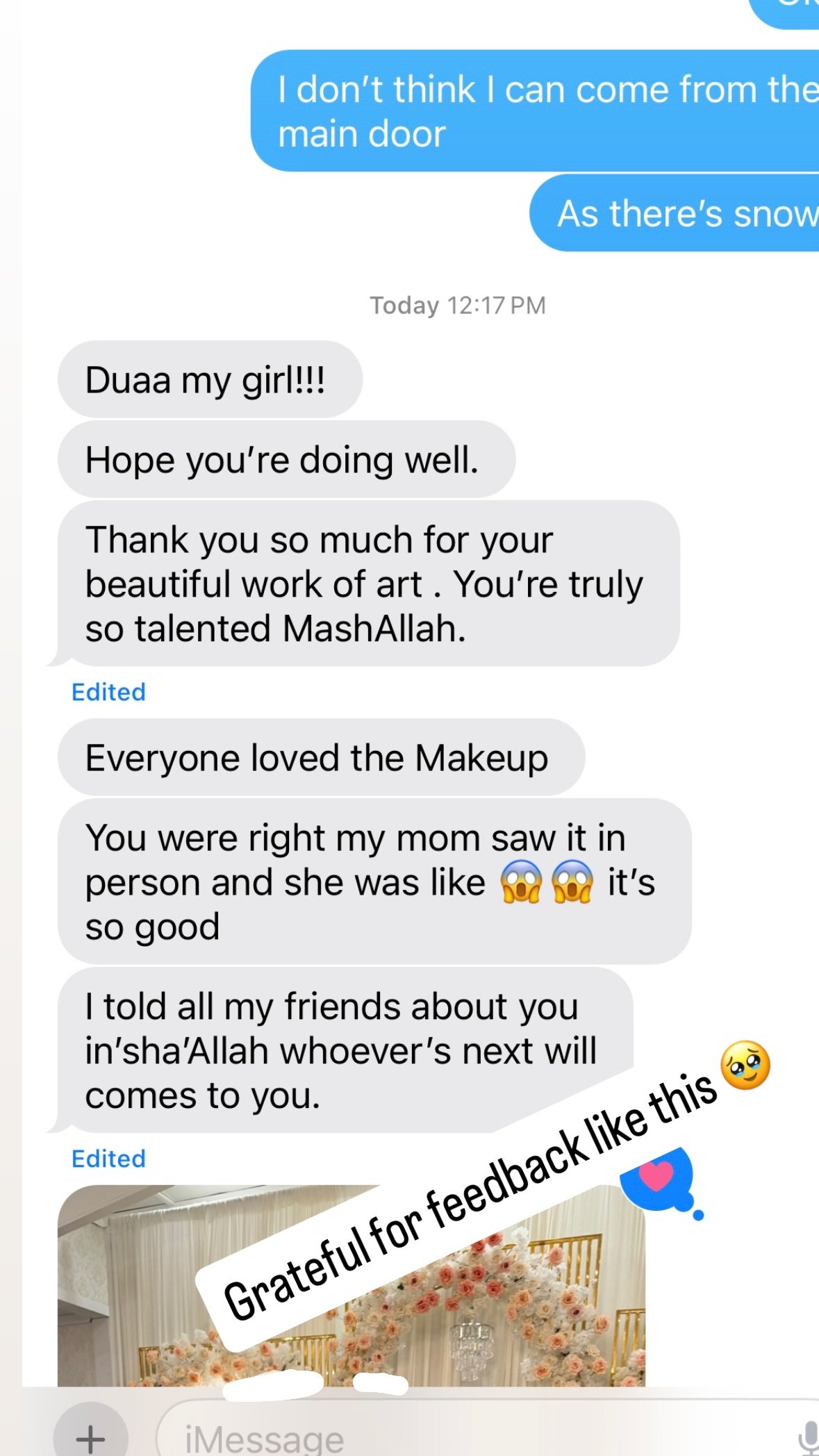 testimonial review 04 - Glam By Duaa Bridal hair and makeup reviews - message thanking Duaa for beautiful work that wowed the bride and her mom