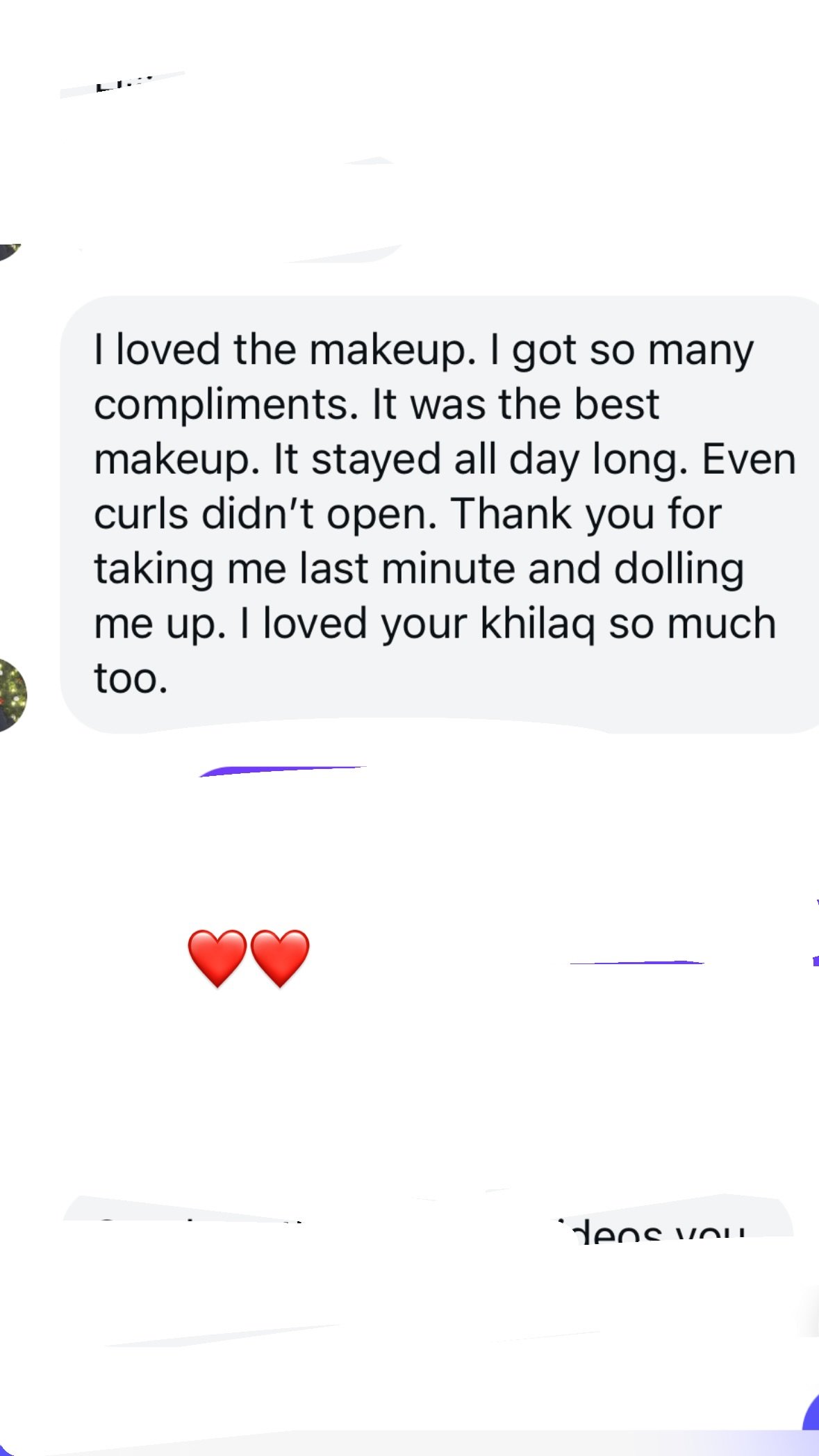 testimonial review 12 - Glam By Duaa Review card praising makeup that stayed all day and curls that did not open - Glam by Duaa