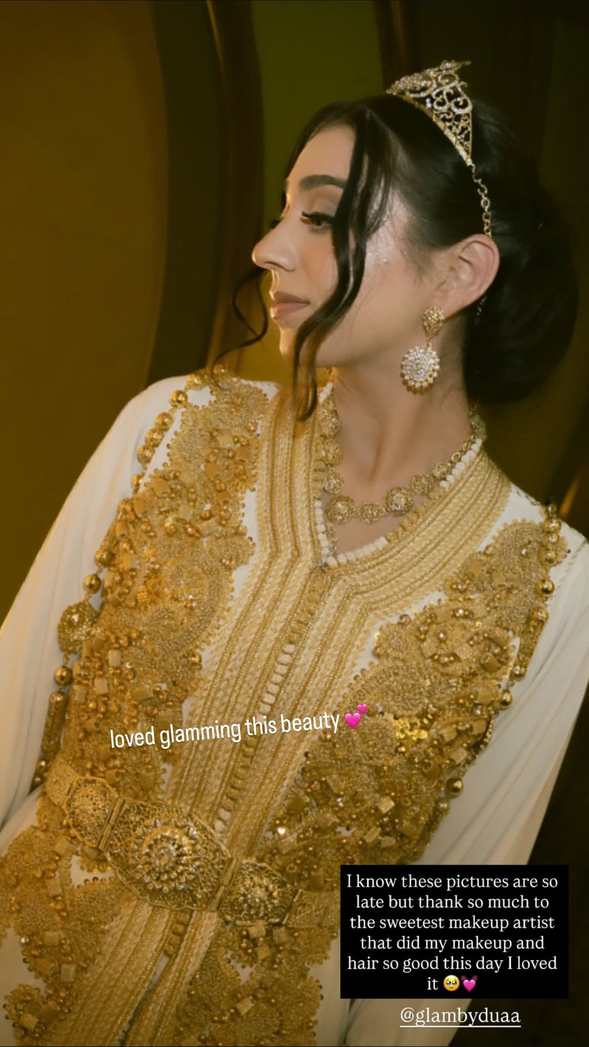 testimonial review 15 - Glam By Duaa Client in a gold and white traditional outfit thanking the sweetest makeup artist - Glam by Duaa review